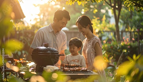 Happy Asian Family Grilling Outdoors in Sunny Backyard.