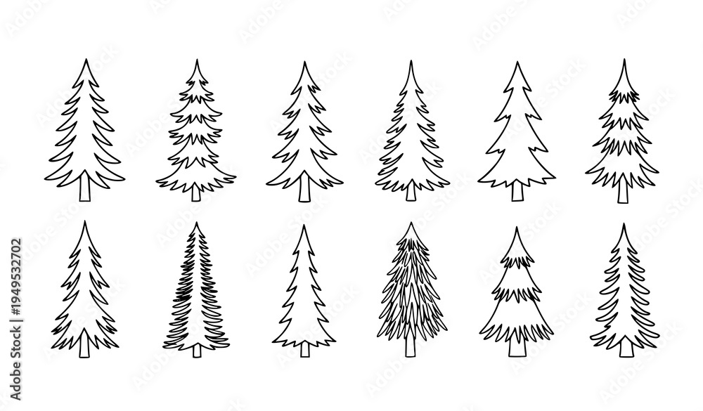 Obraz premium Hand drawn fir tree outline doodle set simple pine forest tree vector collection