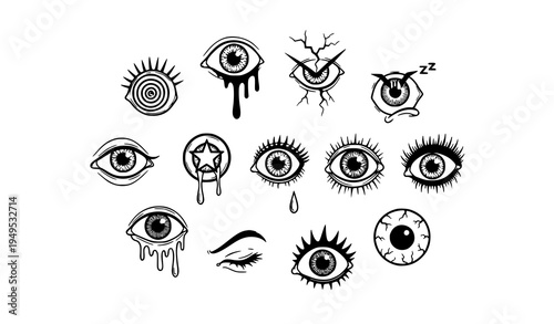 Surreal grunge eye doodle brush collection bizarre textured hand drawn eyes vector set