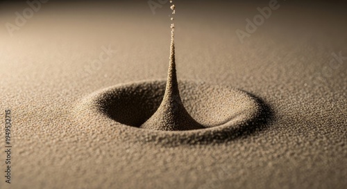 A single drop of liquid creates a perfect ripple in fine sand, capturing a moment of impact and delicate motion.