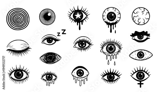 Grunge surreal eye doodle icons hand drawn bizarre brush sketch eyes vector set