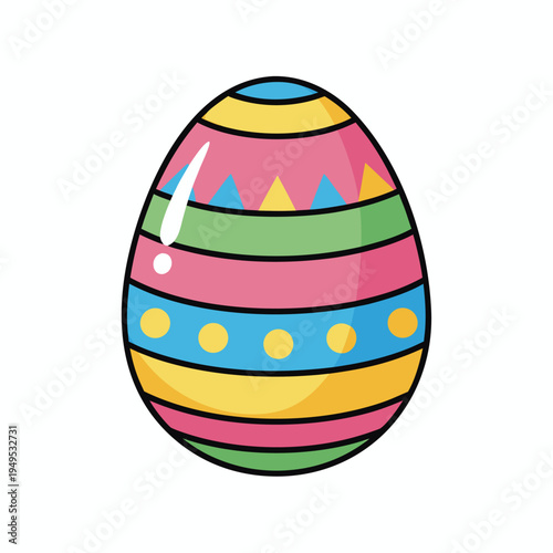 Colorful shiny easter egg vector illustration with stripes and dots isolated on white background