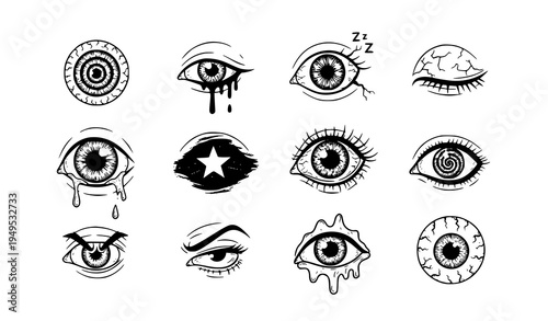 Bizarre hand drawn eye doodle brush set textured grunge surreal eyes vector collection