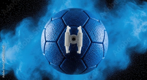 Futuristic blue soccer ball with a white gear emblem against a smoky backdrop