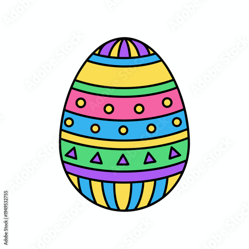 Colorful easter egg vector illustration with various geometric patterns and stripes on white background