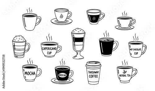 Hot drinks doodle collection hand drawn coffee tea latte espresso cup outline vector icons