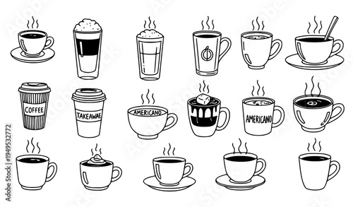 Doodle coffee cups and hot beverage mugs hand drawn tea espresso latte drink icons vector set