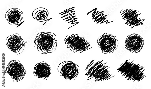 Freehand messy scribble doodles chaotic brush stroke lines vector set