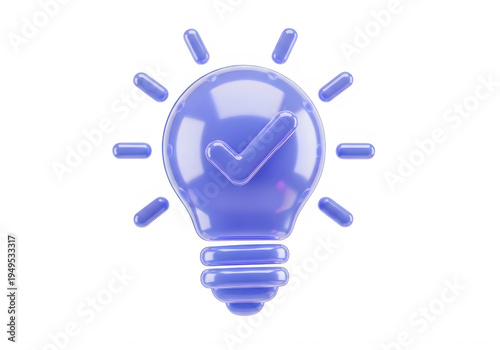 A 3d rendered glossy purple light bulb icon featuring a prominent check mark symbol for innovation