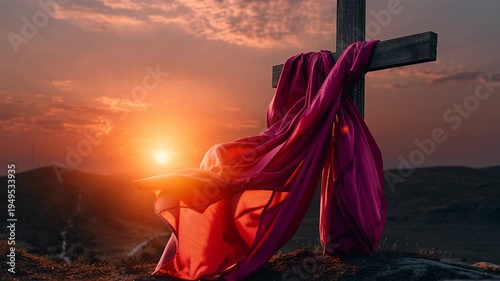 Wallpaper Mural Sunset cross draped red fabric, serene hilltop scene with glowing sun sinking behind distant ridges, flowing cloth caught in breeze, beads sparkling along edge, Torontodigital.ca