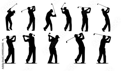 Golf swing action silhouettes vector golfer sport motion illustration set