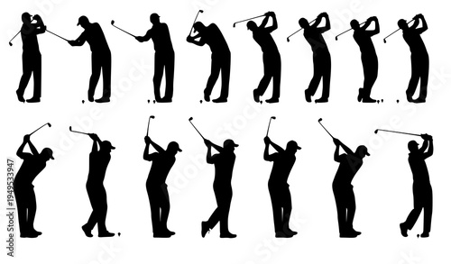 Golfer swing progression silhouettes vector golf technique motion set