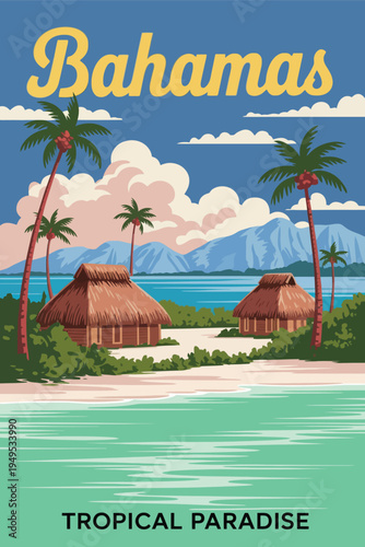 Billede på lærred Bahamas Vintage Travel Poster Vector, Tropical Paradise Island with Ocean Coast,
