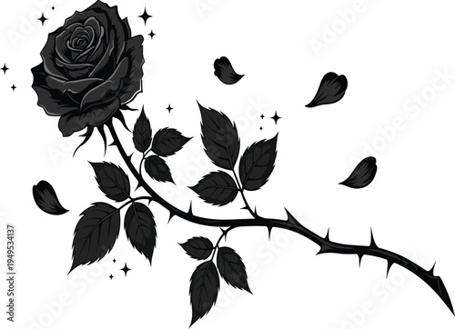 Elegant Black Rose Vector Illustration with Sharp Thorns Falling Petals and Magical Sparkles for Dark Romantic Gothic Aesthetic Tattoo Designs and Floral Art
