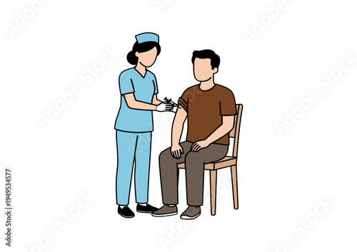 Nurse administering a vaccine injection to a person sitting on a chair, medical care and health concept