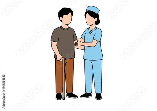 Nurse providing gentle assistance to an aging man with a cane, emphasizing support and mobility care