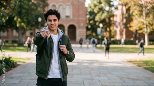 Young man pointing and smiling while walking on college campus  