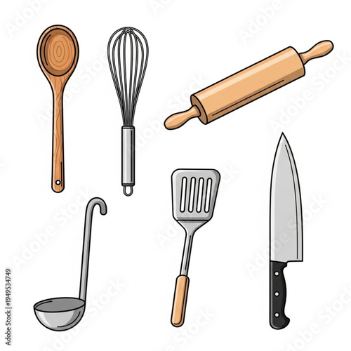 A professional set of kitchen utensils including a steel spatula, fork, and spoon isolated on a white background for restaurant cutlery and cooking equipment