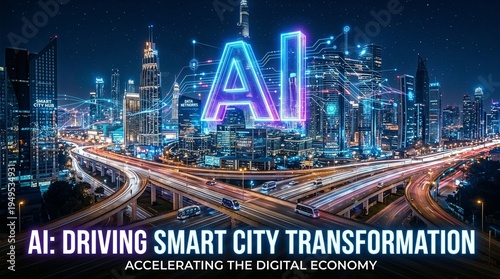 AI neon sign illuminating smart city skyline at night  