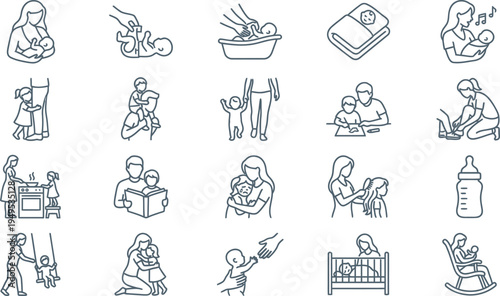 Collection of simple line icons depicting various stages of parental care and childhood activities