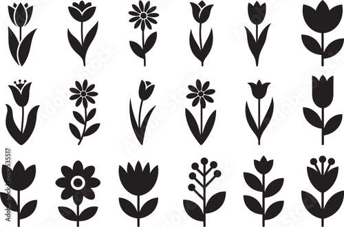 Easter day silhouette flowers set and blooms