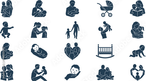 Collection of dark blue silhouette icons representing diverse family care, parenting, and childhood stages.