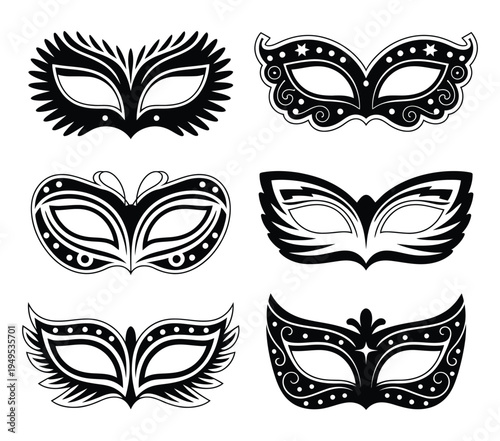 Black Carnival Masks Collection, Classic Masquerade Party Costume Accessories in Elegant Venetian Style, Decorative Festival Face Masks Vector Set