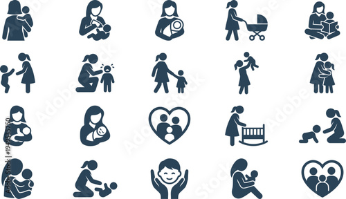 A collection of diverse icons illustrating various aspects of motherhood, childcare, and family relationships.