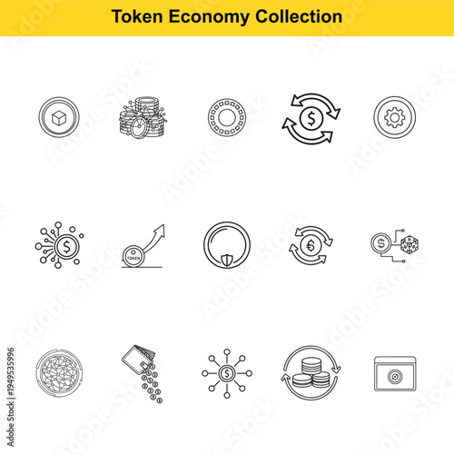 A set of conceptual line icons illustrates the principles of a decentralized token economy.