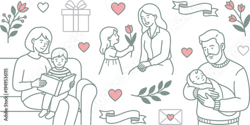 Sweet illustrations depict parents lovingly interacting with their children, celebrating family, and expressing heartfelt affection.