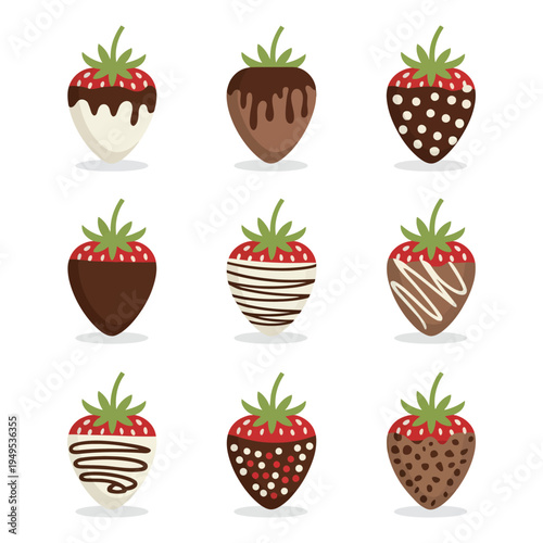 Chocolate Covered Strawberries Vector Cartoon Flat Fruit Icon Set, Sweet Dessert Strawberry Collection Dipped in Chocolate Isolated on White Background, Cute Confectionery Food Illustration