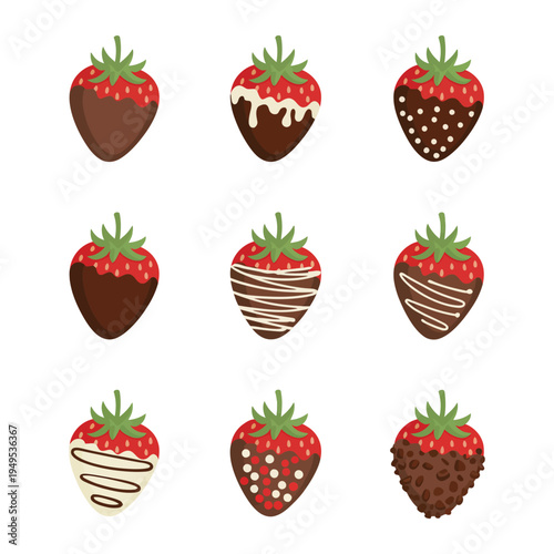 Chocolate Covered Strawberries Vector Cartoon Flat Fruit Icon Set, Sweet Dessert Strawberry Collection Dipped in Chocolate Isolated on White Background, Cute Confectionery Food Illustration