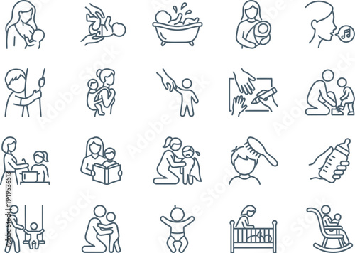 Collection of simple line icons illustrating various essential activities of parenting and childcare tasks