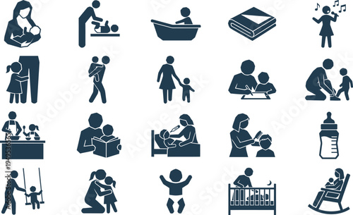 Collection of dark blue icons representing various activities related to parenting and childcare duties