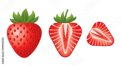 Whole and sliced strawberries displayed in a clean, isolated vector illustration