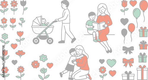 Cute collection of family life icons featuring parents, children, flowers, and celebration elements.