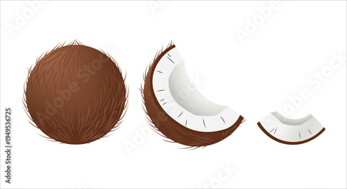 Whole and sliced coconuts displayed on a clean white background, showcasing tropical fruit