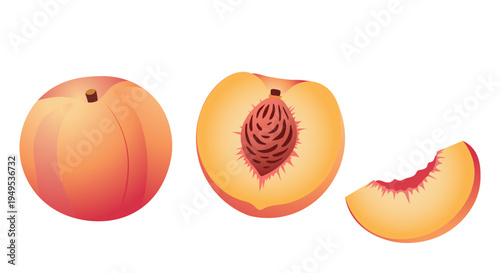 Whole peach, halved peach with pit, and a slice of peach on a white background