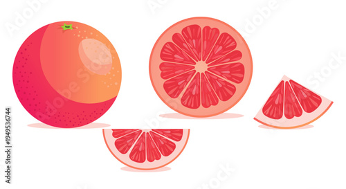 whole grapefruit, a half, and slices on a white background