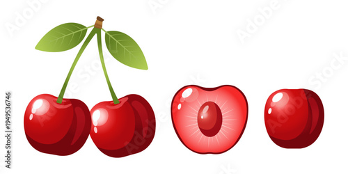 Fresh red cherries with leaves, one cut in half showing the pit and seed