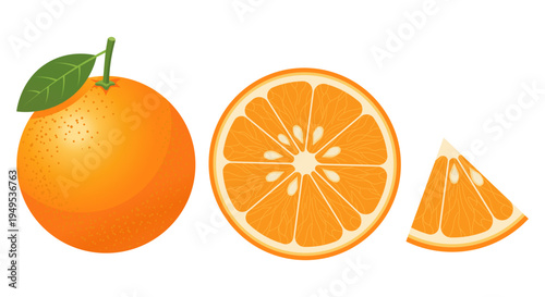 Whole orange, sliced half, and wedge with leaf on white background
