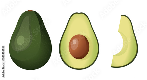 Whole avocado, halved avocado with pit, and a slice on white background