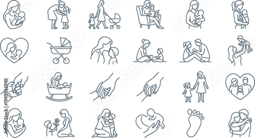 Collection of minimalist line icons illustrating various tender moments of motherhood and family bonding.