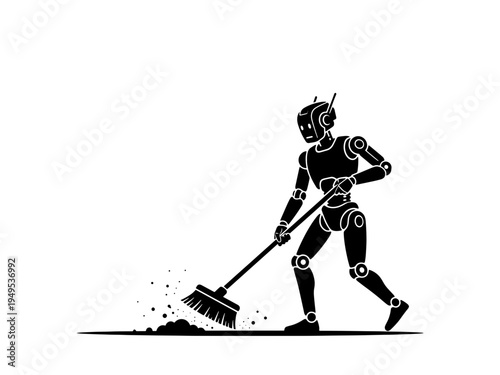 A clean black and white silhouette vector of a humanoid robot using a broom to sweep dust, representing future technology and domestic automation.
