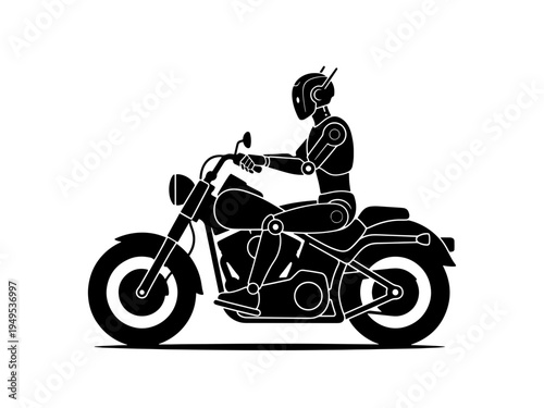 Minimalist black and white vector illustration of an android robot character riding a classic cruiser style motorcycle, side profile view isolated on a white background.