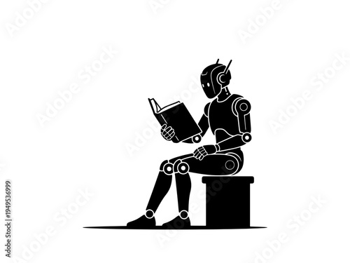 A black and white vector silhouette of a humanoid robot sitting and reading a book, symbolizing artificial intelligence learning and the future of educational technology.