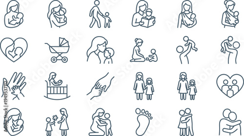 Collection of minimalist line icons depicting various nurturing moments between mothers and their children.