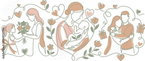 Elegant line art illustration depicting various stages of family love, motherhood, and heartwarming connections.