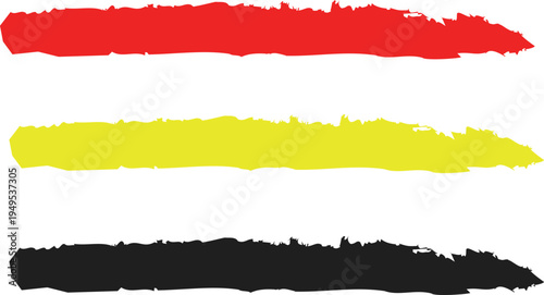 Set of thick horizontal red, yellow, and black paint brush strokes with distressed edges on white background