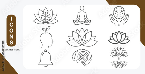 Wellness and Mindfulness Meditation Icons Collection with Lotus Flower, Brain Symbol, Yoga Poses and Peace Elements in Minimal Black Outline Style for Mental Health Design.